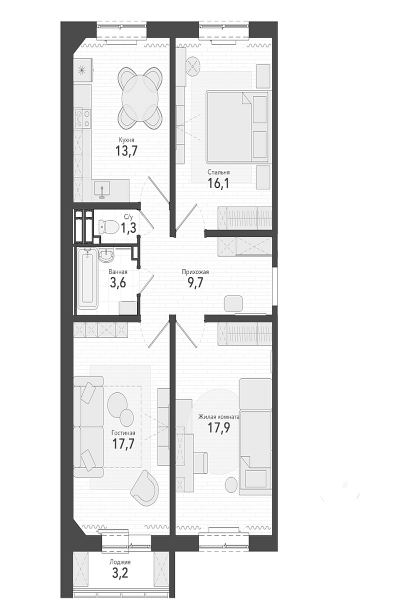 Планировка 3-к.кв 80.00 м² в ЖК «Околица»