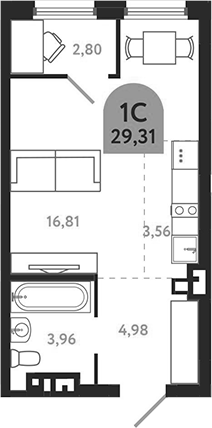 Планировка студии 29.31 м² в ЖК «Квартал 1604. Томск»