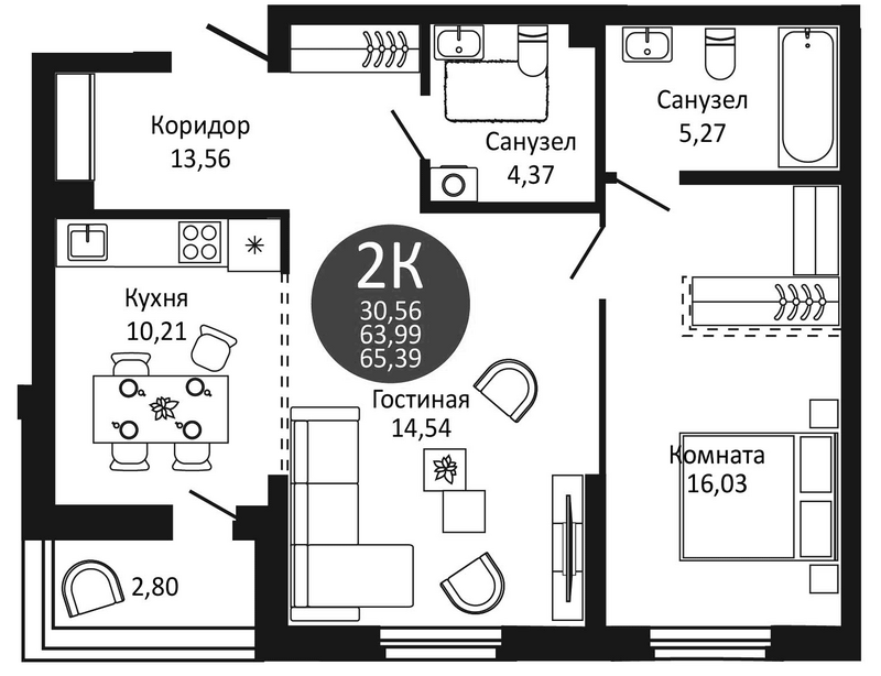 Планировка 2-к.кв 63.99 м² в ЖК «Первый на Рябиновой»