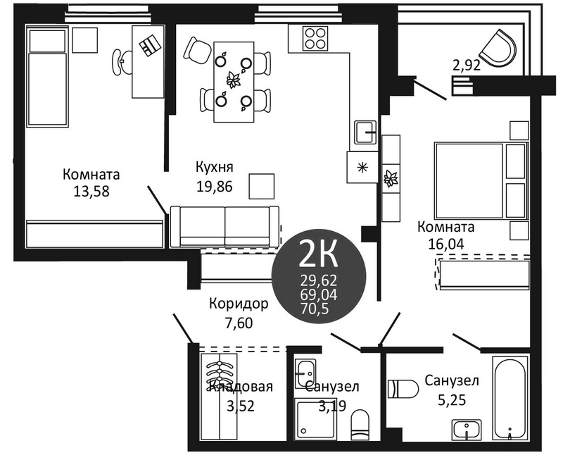 Планировка 2-к.кв 69.04 м² в ЖК «Первый на Рябиновой»