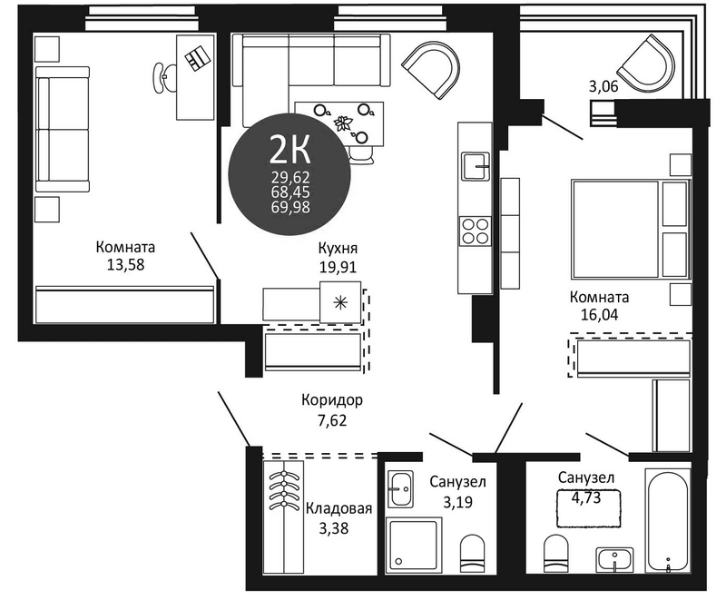 Планировка 2-к.кв 68.45 м² в ЖК «Первый на Рябиновой»