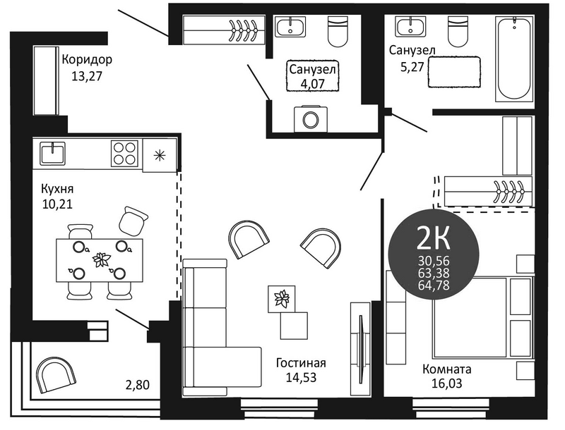 Планировка 2-к.кв 63.38 м² в ЖК «Первый на Рябиновой»