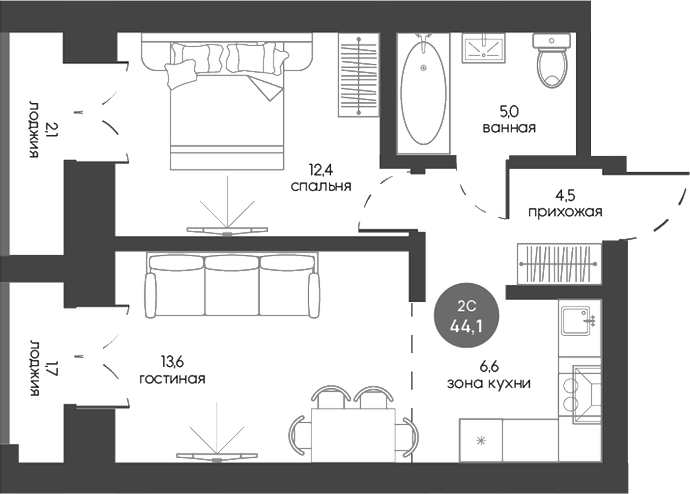 Планировка 2е-к.кв 42.20 м² в ЖК «Белозерский. Томск»