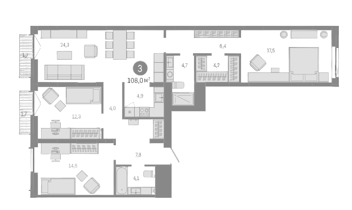 Планировка 4е-к. квартира 104.60 м² в ЖК «Европейский берег»