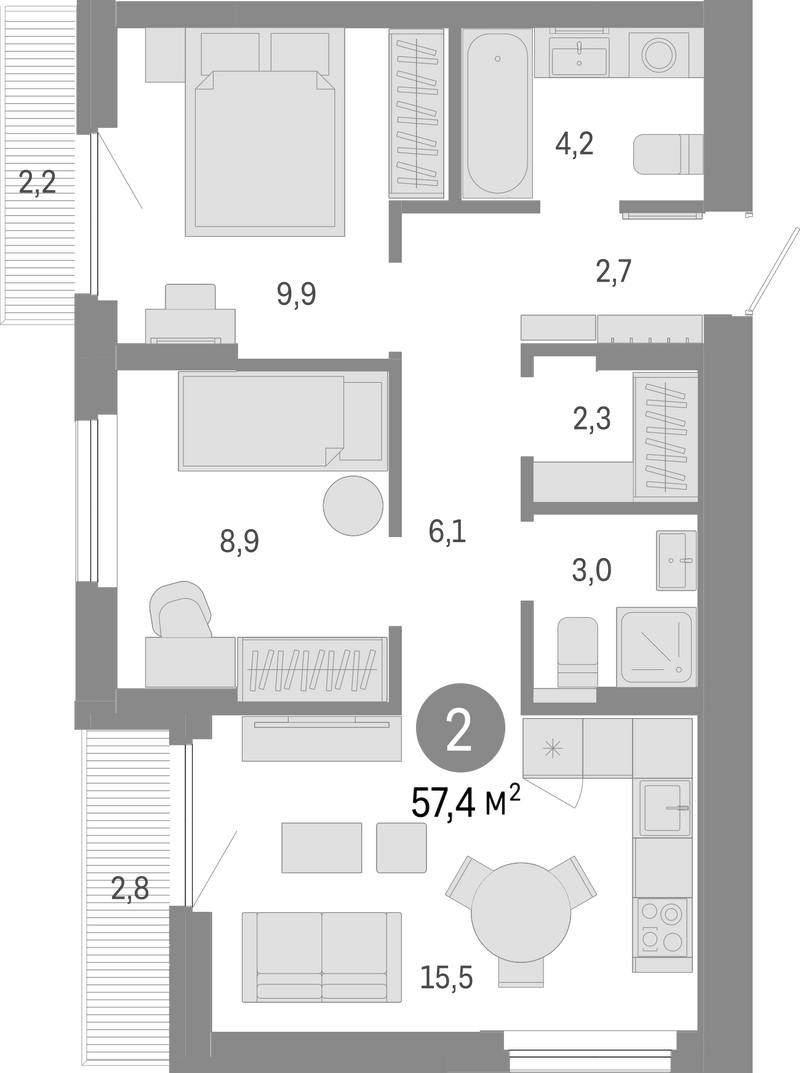 Планировка 3е-к.кв 52.40 м² в ЖК «Пшеница»