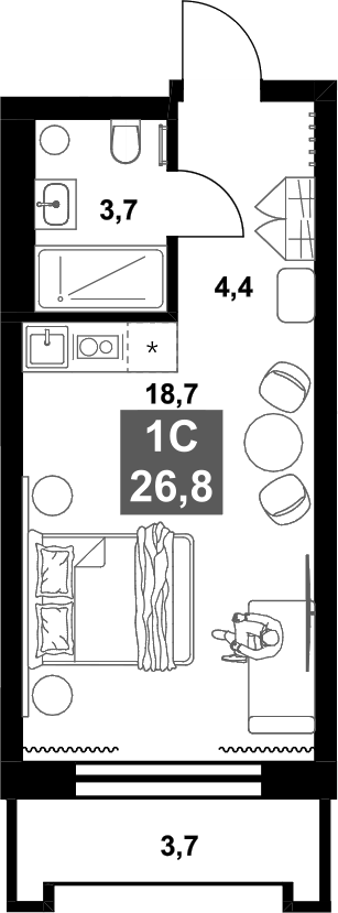 Планировка студия 26.80 м² в ЖК «Инские Холмы»