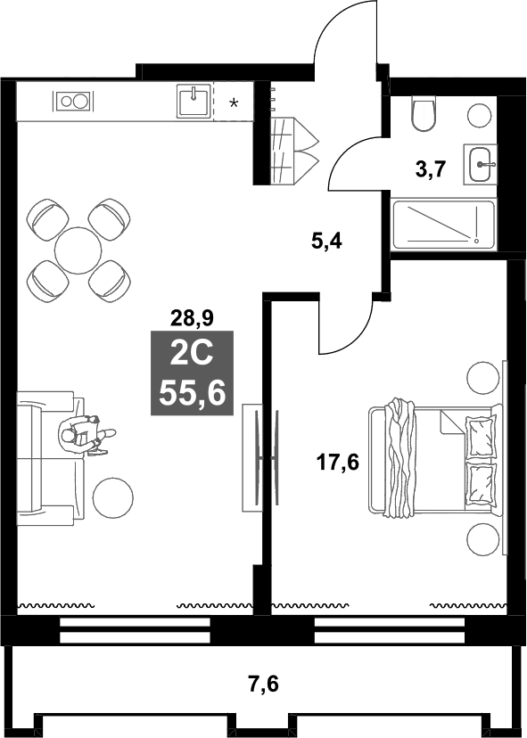Планировка 2е-к.кв 55.60 м² в ЖК «Инские Холмы»