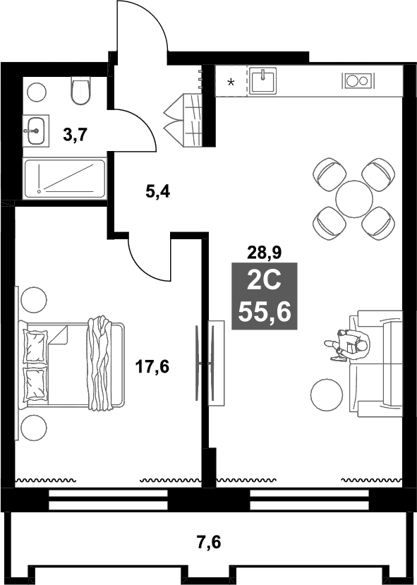 Планировка 2е-к.кв 55.60 м² в ЖК «Инские Холмы»