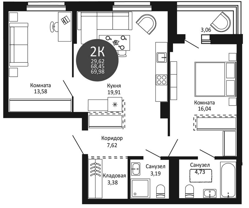 Планировка 2-к.кв 68.45 м² в ЖК «Первый на Рябиновой»