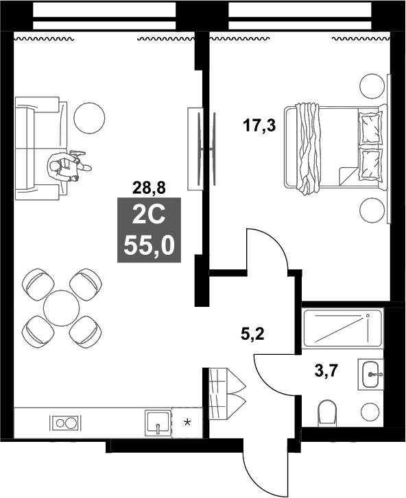 Планировка 2е-к.кв 55.00 м² в ЖК «Инские Холмы»