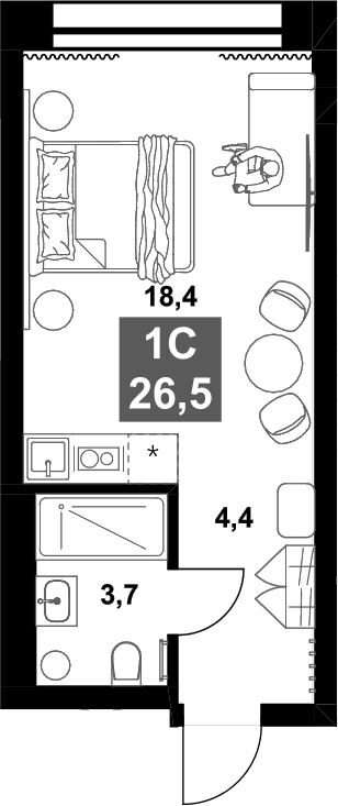 Планировка студия 26.50 м² в ЖК «Инские Холмы»