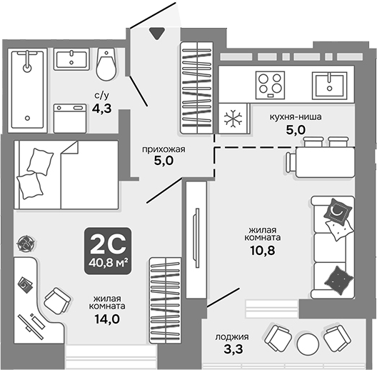 Планировка 2е-к.кв 39.15 м² в ЖК «Счастливый квартал»