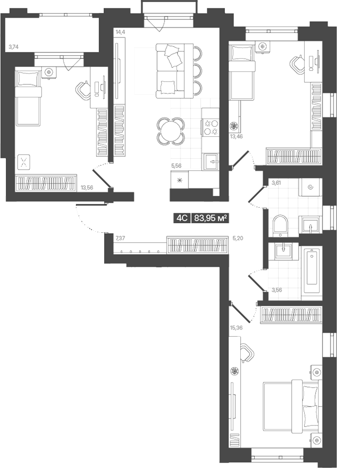 Планировка 4е-к.кв 82.08 м² в ЖК «Моне. Кемерово»