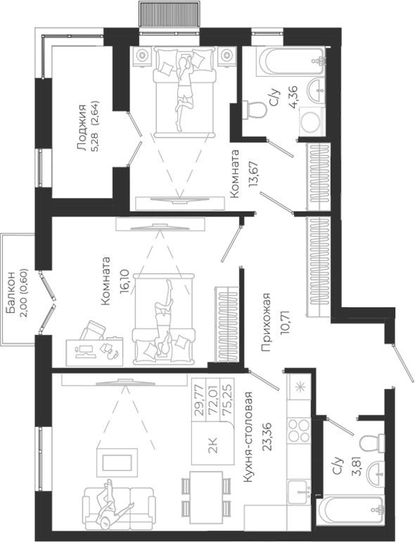 Планировка 3е-к.кв 72.01 м² в ЖК «Город Гор. Майма»
