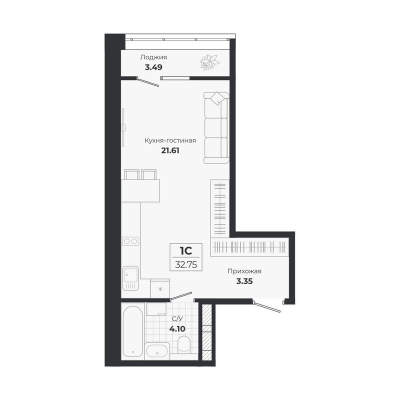 Планировка студии 29.26 м² в ЖК «Ясный Берег»