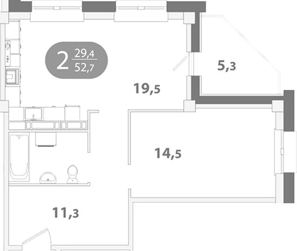 Планировка 1-к.кв 47.49 м² в ЖК «Южные ворота. Томск»