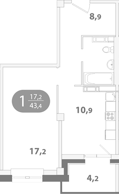 Планировка 1-к.кв 39.25 м² в ЖК «Южные ворота. Томск»