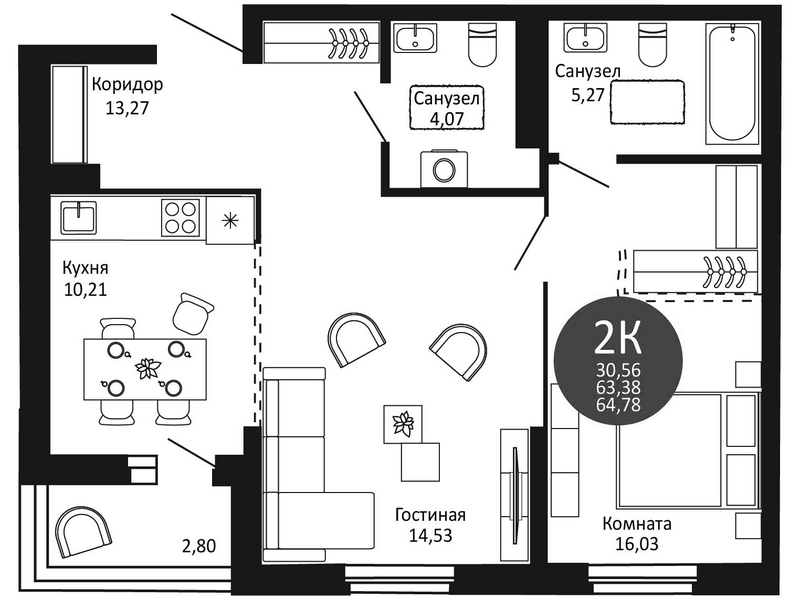 Планировка 2-к.кв 63.38 м² в ЖК «Первый на Рябиновой»