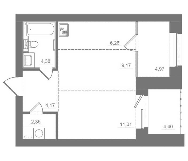 Планировка 2е-к.кв 37.44 м² в ЖК «Спектр»