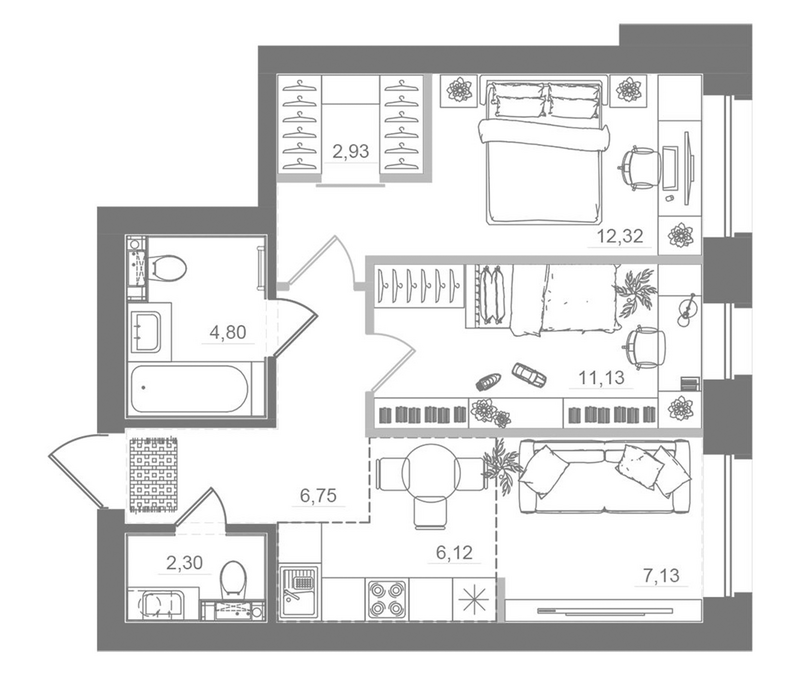 Планировка 3е-к.кв 54.96 м² в ЖК «Спектр»