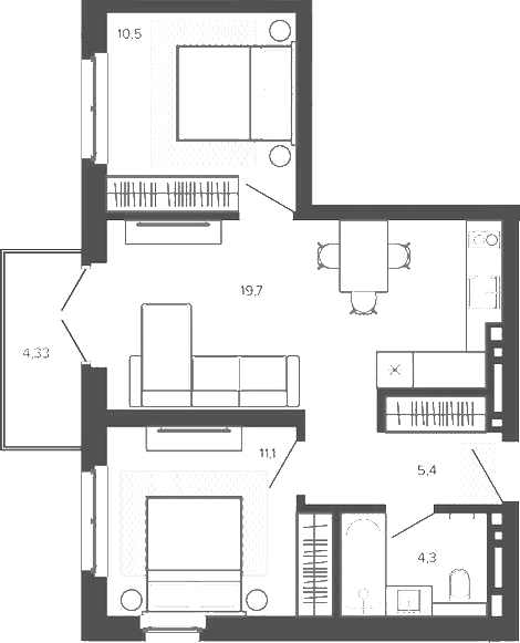 Планировка 3е-к.кв 51.00 м² в ЖК «Вышка. Барнаул»