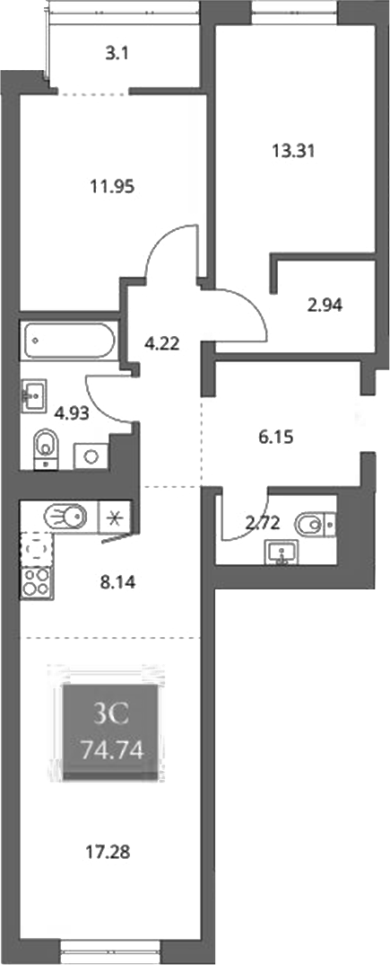Планировка 3е-к.кв 71.67 м² в ЖК «Беринг»