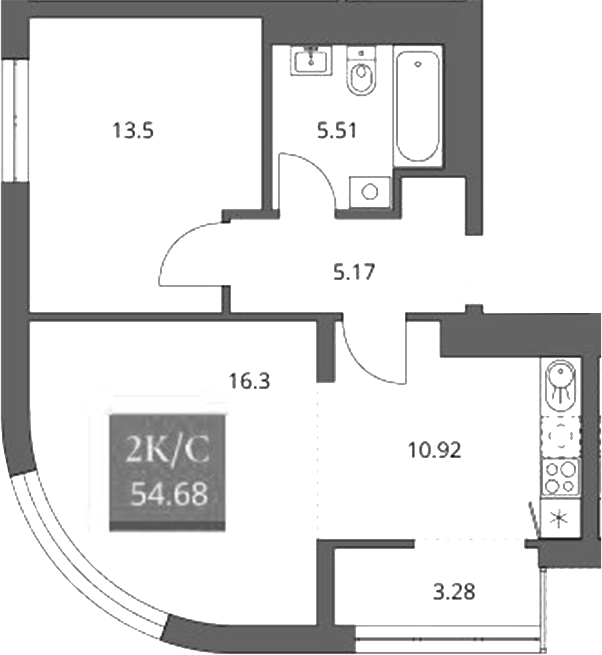 Планировка 2е-к.кв 51.40 м² в ЖК «Беринг»