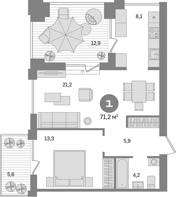 Планировка 2е-к.кв 56.62 м² в ЖК «Пшеница»