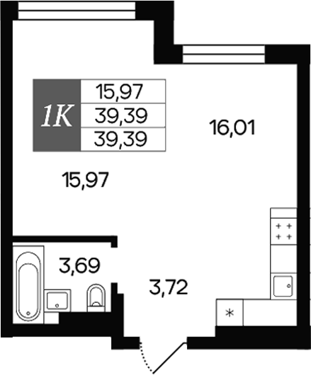 Планировка 1-к.кв 39.39 м² в ЖК «Роза ветров»