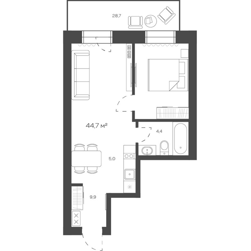 Планировка своб. план. 44.68 м² в ЖК «Freedom Village»