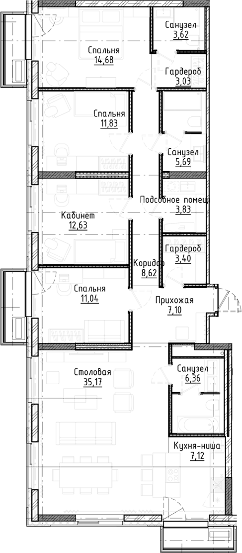 Планировка 5е-к.кв 134.12 м² в ЖК «Город на озере»