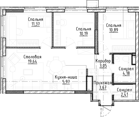 Планировка 4е-к.кв 71.37 м² в ЖК «Город на озере»