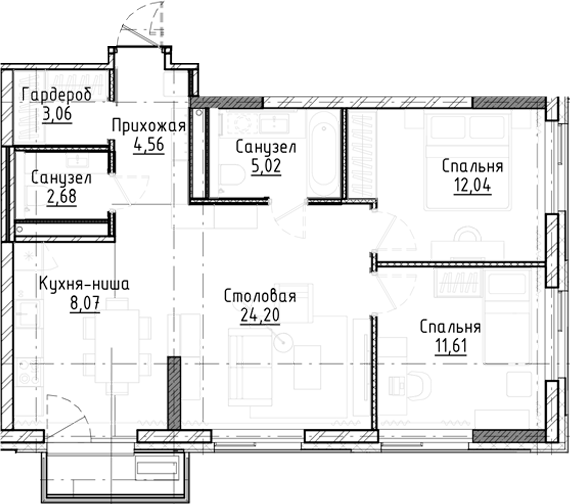 Планировка 3е-к.кв 71.24 м² в ЖК «Город на озере»