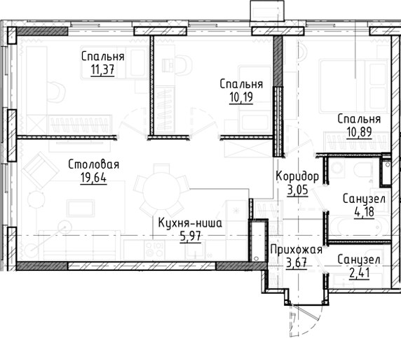 Планировка 4е-к.кв 71.37 м² в ЖК «Город на озере»