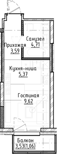 Планировка студии 23.29 м² в ЖК «Город на озере»