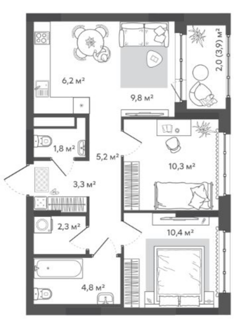 Планировка 3е-к.кв 54.10 м² в ЖК «Природные кварталы Сибирия»