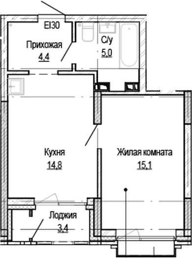 Планировка 1-к.кв 37.00 м² в ЖК «Кварталы Немировича-2»
