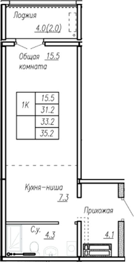 Планировка 1-к.кв 31.20 м² в ЖК «Дом культуры. Барнаул»