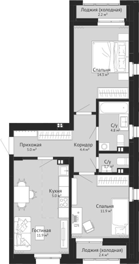 Планировка 3е-к.кв 58.85 м² в ЖК «Колос. Новокузнецк»