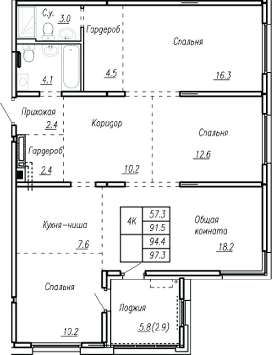 Планировка 4-к.кв 91.50 м² в ЖК «Дом культуры. Барнаул»