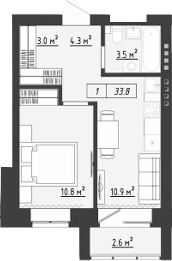 Планировка 1-к.кв 32.50 м² в ЖК «Загорские кварталы. Загорский»