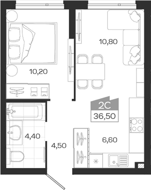 Планировка 2е-к.кв 36.50 м² в ЖК «Ясный Берег»