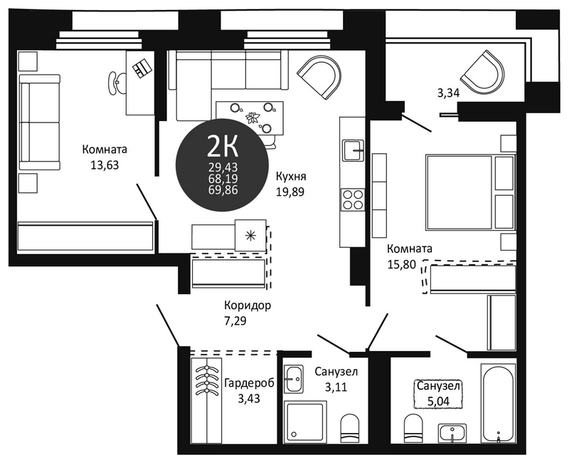 Планировка 2-к. квартира 68.19 м² в ЖК «Первый на Рябиновой»