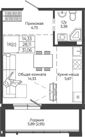 Планировка студии 28.11 м² в ЖК «Легенда-155. Барнаул»