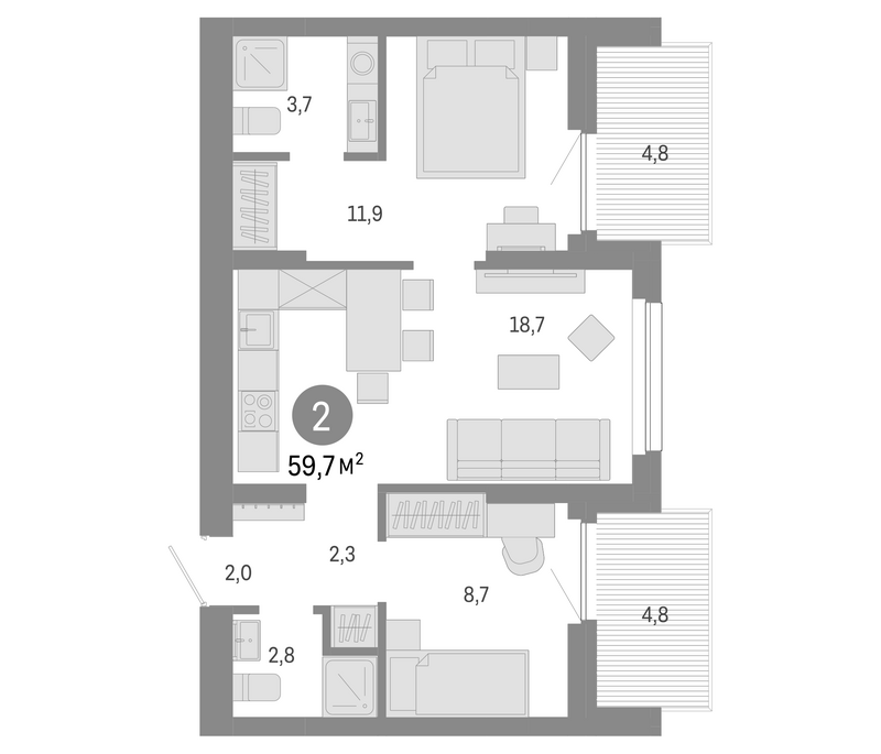 Планировка 3е-к. квартира 50.10 м² в ЖК «Лебедевский»