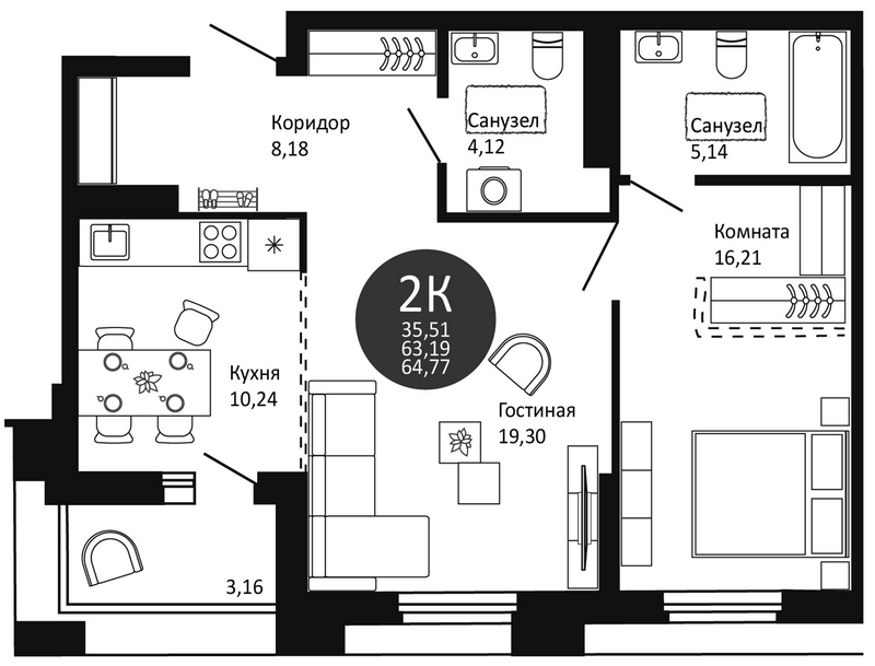 Планировка 2-к.кв 63.19 м² в ЖК «Первый на Рябиновой»