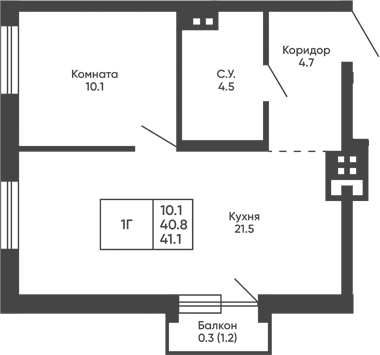 Планировка 1-к.кв 40.80 м² в ЖК «Башни Дзен»