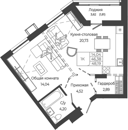 Планировка 1-к.кв 46.38 м² в ЖК «Маяковский-2. Барнаул»