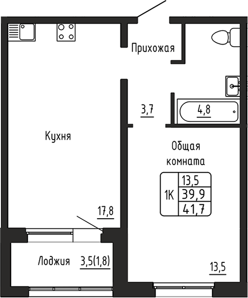 Планировка 1-к.кв 39.80 м² в ЖК «Самоцветы»