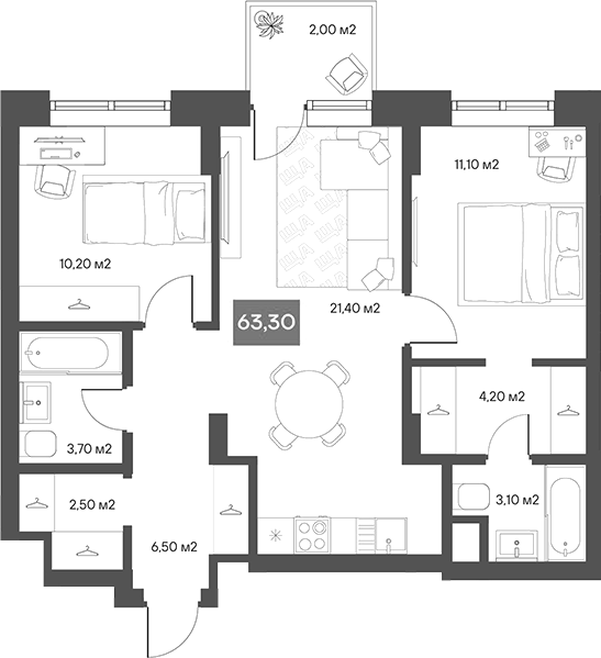 Планировка 2-к.кв 62.70 м² в ЖК «ЩА»